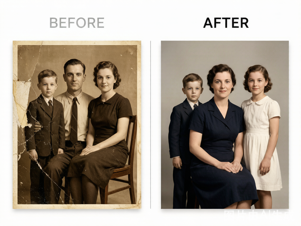 Before and after photo restoration example — a vintage family photograph restored with AI technology